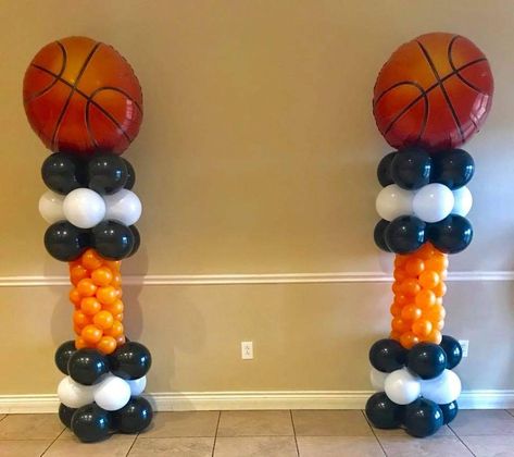 Balloon Columns Ideas Football, Basketball Balloon Columns, Basketball Balloons, Athletic Banquet, Basketball Banquet, Basketball Themed Birthday Party, Basketball Theme Birthday, Column Ideas, Basketball Theme Party