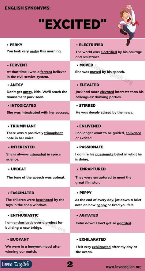 Are you searching for another word for Excited? Here, we provide a list of synonyms for the word "excited" with example sentences and ESL infographics. Other Words For Excited, Synonyms For Excited, Another Word For Excited, List Of Synonyms, Teaching English Online, Essay Writing Skills, Learn English Grammar, Interesting English Words, Good Vocabulary Words