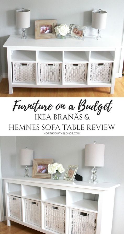 IKEA BRANÄS AND HEMNES SOFA TABLE | furniture on a budget | farmhouse, white, chic, glam, rustic home decor & design ideas Furniture On A Budget, Ikea Deco, Budget Farmhouse, Ikea Living Room, Farmhouse White, Decor Ikea, White Chic, Japanese Interior, Plywood Furniture