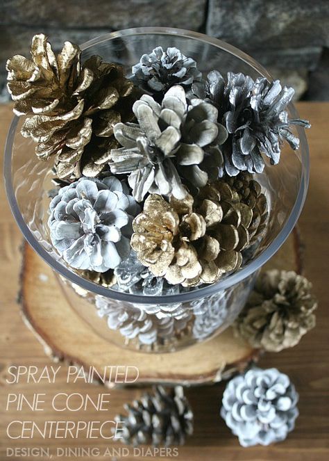 Make this beautiful spray painted pinecone centerpiece with these awesome tips from Taryn at Design, Dining, and Diapers. Lantern Table Centerpieces, Pinecone Centerpiece, Wooden Box Centerpiece, Spray Paint Projects, Table Centerpieces Diy, Painted Pinecones, Kitchen Table Centerpiece, Diy Spray Paint, Lantern Centerpieces