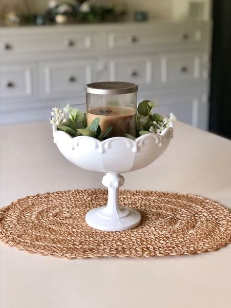 Here are some more nature inspired decorating ideas with milk glass from my Home On Elderwood. #vintageforsale #vintagemilkglass #vintagehome #etsyfinds #etsygifts #etsygiftideas #vintagesilvertray #vintageweddingdecor #vintagebridalshower #giftideas #homeonelderwood Milk Glass Arrangements, Decorating With Milk Glass Vintage, Decorating With Antique Glassware, Glass Dish Decor Ideas, Glassware Decor Ideas, Vintage Glass Bowl, Fenton Milk Glass Cake Stand, White Milk Glass Decor, Displaying Milk Glass Ideas