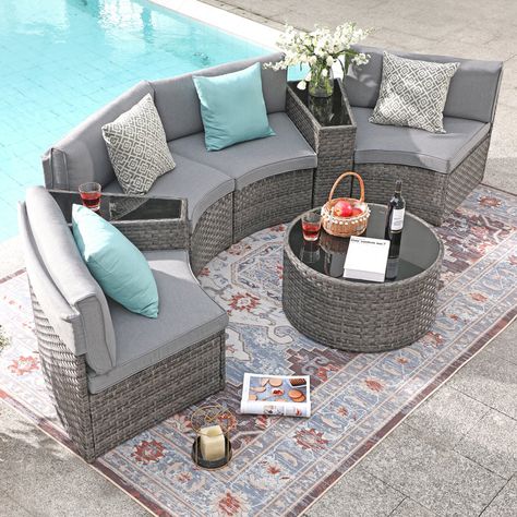 Latitude Run® Rasmus Polyethylene (PE) Wicker 4 - Person Seating Group with Cushions & Reviews | Wayfair Curved Sofas, Curved Sectional, Sofa Seating, Patio Sectional, Rattan Sofa, Curved Sofa, Sofa Seats, Grey Cushions, Patio Furniture Sets