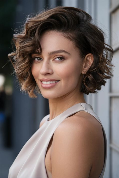 Embrace your natural curls with this elegant short hair look that radiates confidence and style! This bouncy, flattering curly hairstyle enhances your features and adds vibrant texture, making it perfect for any occasion. From casual outings to formal events, this versatile option keeps you looking fabulous. Discover how to achieve this stunning curly hairstyle and elevate your short hair game today! #CurlyHairstyles #ShortHair #HairInspo Formal Curls Short Hair, Glamour Curls Short Hair, Curly Bob Formal Hairstyles, Short Hair For Formal Events, Short Curly Bob Wedding Hairstyles, Classy Curly Hair, Pixy Haircut, Short Hair Formal, Curly Bob 2024