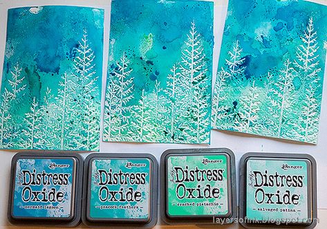 Oxide Ink Combinations, Distress Oxide Color Combinations Christmas, Distress Ink Christmas Cards, Distress Oxide Backgrounds, Distress Ink Blending Color Combos, Distress Oxide Ink Techniques, Card Background Ideas, Winter Cards Handmade, Winter Pines