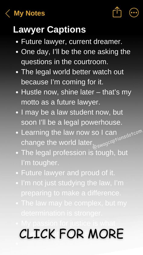 Unlock the perfect words for your legal-themed posts with our "Lawyer IG Captions And Quotes" collection. Whether you're showcasing your latest courtroom win, sharing insightful legal advice, or simply celebrating your passion for the legal profession, our curated captions and quotes will add a professional touch to your Instagram feed. From motivational quotes to witty remarks and professional insights, these captions are tailored for lawyers, legal professionals, and law enthusiasts. Best Lawyer Quotes, Quotes On Lawyers, Law Captions For Instagram, Insta Bio For Law Students, Law Captions, Law Quotes Lawyer Motivation, Lawyer Captions, Convocation Captions, Acceptance Photoshoot