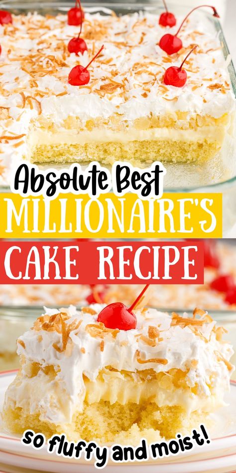 Taste Of Home Pina Colada Ice Box Cake, Cake With Pineapple And Cool Whip, Pineapple Cake With Cream Cheese Frosting, Millionaire Cake Recipe, Pineapple Icebox Cake, Pineapple Box Cake Mix Recipes, Cake With Pudding Mix In It, Millionaires Cake, Pineapple Torte