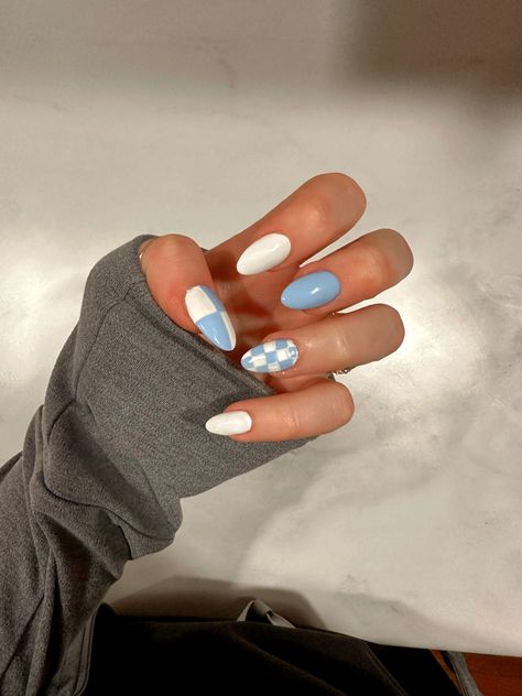 Checkerboard pattern gel x nail inspiration Almond Nails Designs Checkered, Fall Nails Ideas Autumn Checkered, Baby Blue Checkered Nails, Light Blue Checkered Nails, Sage Green Checkered Nails, Nail Art Checkerboard, Checkerboard Nails Tutorial, Checkered Nails Blue, Checked Nails Designs