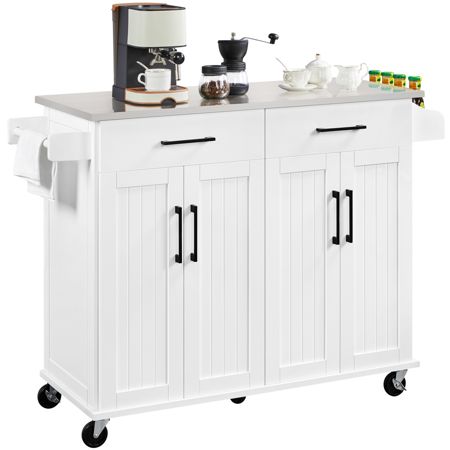 White Kitchen Cart, Island On Wheels, Portable Kitchen Island, Stainless Steel Countertop, Mobile Kitchen Island, Steel Countertop, Kitchen Island Trolley, Kitchen Island On Wheels, Kitchen Storage Cart