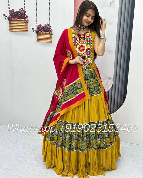 2795/- free shipping Yellow and green color designer full flair navratri garba traditional gamthi style lehenga choli #NavratriFashion #GarbaOutfit #LehengaCholi #TraditionalWear #GamthiStyle #FestiveFashion #DesiStyle #NavratriVibes #GarbaLook #EthnicWear #DesignerLehenga #YellowAndGreen #LehengaLove #IndianFashion #CulturalWear #GarbaNights #NavratriOutfit #EthnicElegance #FestiveStyle #GarbaReady Cotton Lehenga Choli, Garba Outfit, Navratri Garba, Cotton Lehenga, Opening Video, Choli Designs, Navratri Special, Korean Fashion Women, Chaniya Choli