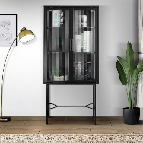 Description: Go for this practical storage cabinet with glass doors if you want to keep your home clutter-free. This modern sideboard can create an additional smart storage solution in the kitchen, dining room, or living room. Living Room Display Cabinet, Sideboard Cabinet Modern, Double Glass Doors, Dining Cabinet, Floor Cabinet, Freestanding Kitchen, Tempered Glass Door, Kitchen Sideboard, Arched Doors