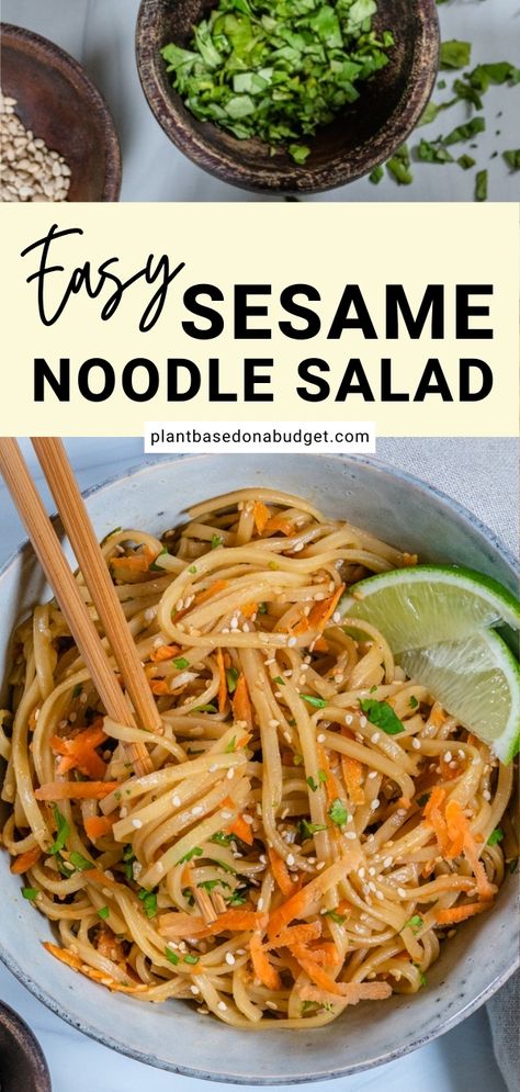 This sesame noodle salad recipe is as easy as it gets. The most time-consuming part of it is cooking the Asian noodles which is done while you prepare the rest of the ingredients. Then you just need to grate your carrots, mince the garlic, chop the cilantro, and squeeze the lime. Once the noodles are cooked and cooled you can add all of the ingredients and mix. Yes, it’s that easy! Korean Cold Noodle Salad, Spicy Noodle Salad Recipes, Asian Pasta Salad Recipes, Cold Asian Noodle Salad, Lime Noodles, Asian Pasta Salad, Noodle Meals, Cold Noodles Recipes, Gf Salads