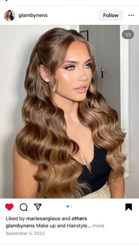 Wavy Hair For Wedding Guest, Hollywood Waves Bridal Hair Middle Part, Hollywood Waves Wedding Hair With Veil, Bridal Hairstyle Half Up Half Down, Voluminous Half Up Half Down Wedding, Half Up Hollywood Waves, Elegant Wedding Hair Down With Veil, Hair Down Wedding Veil, Graduation Hair Ideas