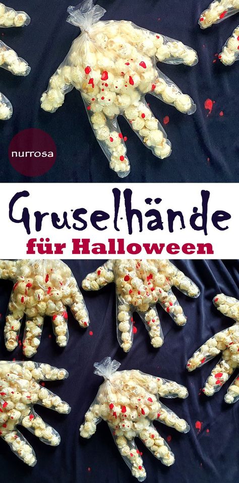 Grusel Hände aus Popcorn – für Halloween - Am 31. Oktober ist Halloween und dann heißt es wieder: „Süßes, sonst gibt’s Saures“ - Wir lieben das Halloween Fest und haben wieder einen ganz einfachen Halloween Deko Basteltipp, bzw. ein schnelles Giveaway für dich. So steht eurer gruseligen Halloween Party nichts mehr im Weg. - Mein Familienblog - nurrosa.com Popcorn Halloween Hands, Halloween Smarties Ideas, Halloween Ideas Activities, Popcorn Hands For Halloween, Healthy Snacks Halloween, Halloween Hamburger Ideas, Halloween Easy Snacks, Halloween Party Kindergarten, Halloween Give Aways Ideas