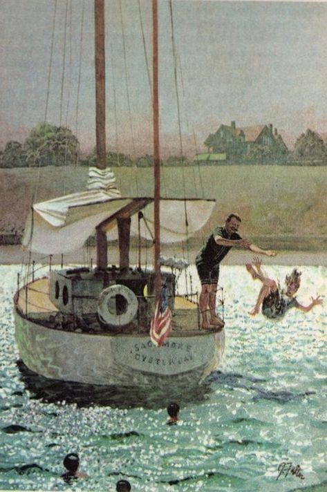 1970 painting depicting Theodore Roosevelt throwing his daughter Alice overboard from a boat into Long Island sound. Someone Falling, Long Island Sound, Boat Painting, Theodore Roosevelt, Character Inspo, Comic Panels, Girl Falling, Long Island, Girl Cartoon