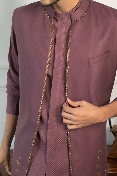 Buy Purple Textured Jacquard Jacket And Woven Kurta Set For Men by Contrast By Parth Online at Aza Fashions. Gents Shirt Design, Stylish Boy Clothes, Gents Shirts, Indian Wedding Clothes For Men, Wedding Kurta For Men, Placement Embroidery, Kurta Set Men, Men's Wedding Outfit, Sherwani For Men Wedding