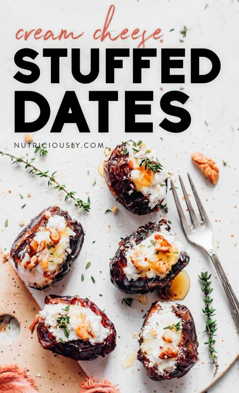 Cream Cheese Stuffed Dates (Easy) 2 Dates And Cream Cheese, Savory Dates Recipes, Cream Cheese Stuffed Dates Recipes, Healthy Stuffed Dates, Savory Stuffed Dates, Cream Cheese Stuffed Dates, Vegan Appies, Savory Appetizers Easy, Vegan Appetizers Easy