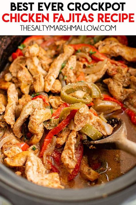 Crockpot Chicken Fajitas - treat yourself to a homemade dinner without breaking a sweat! Chicken breasts are sliced and slow cooked with a medley of bold ingredients like chunky salsa, bell peppers, and mouthwatering seasonings. Crockpot Chicken Fajita Recipes, Crock Pot Chicken Fajitas, Crockpot Fajitas, Slow Cooker Chicken Fajitas, Chicken Fajitas Crockpot, Chicken Fajita Recipe, Crock Pot Chicken, Fajita Recipe, Chicken Fajitas