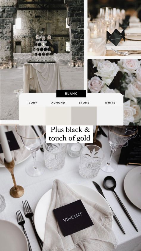 Black Cream Wedding, Black White And Ivory Wedding, Hollywood Wedding Reception, Taupe Black And White Wedding, Black And White Wedding Color Schemes, Modern Wedding Black And White, Modern Classic Wedding Color Schemes, Black Grey Wedding Theme, Black Modern Wedding Decor