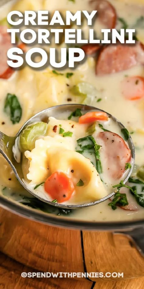 Creamy tortellini soup is easy to make on the stovetop or in the Crockpot. Even the Instant Pot is a great way to make a quick and easy version of this hearty Italian soup. #spendwithpennies #creamytortellinisoup #maindish #recipe #crockpot #instantpot #stovetop #sausage #spinach #easy #slowcooker Tortellini Soup Creamy, Spend With Pennies Recipes, Soup Spinach, Creamy Tortellini Soup, Creamy Tortellini, Soup With Bacon, The Stay At Home Chef, Soup Creamy, Stay At Home Chef