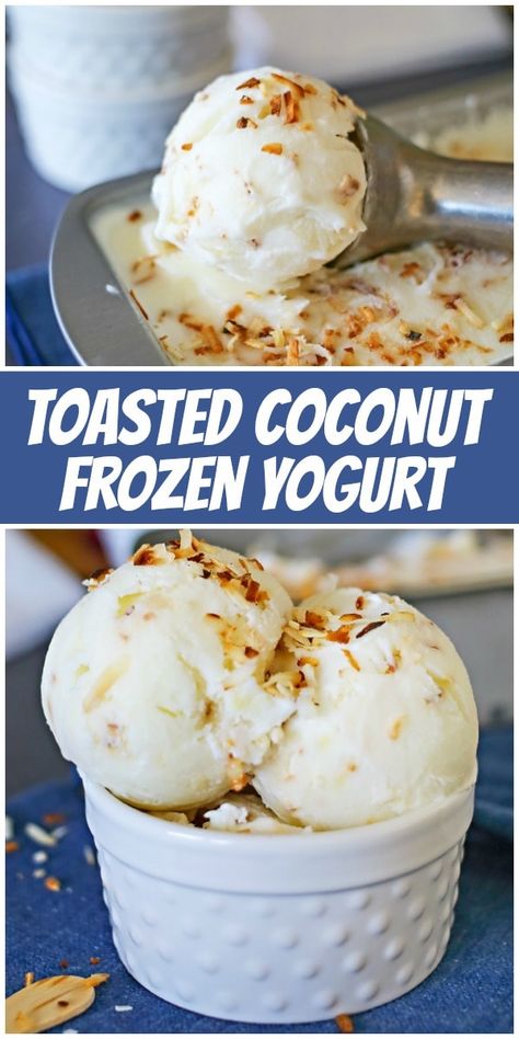 Toasted Coconut Frozen Yogurt recipe from RecipeGirl.com #toasted #coconut #frozen #yogurt #recipe #RecipeGirl Toasted Coconut Recipes, Homemade Frozen Yogurt Recipes, Coconut Yogurt Recipe, Frozen Yogurt Recipe, Homemade Frozen Yogurt, Frozen Yogurt Recipes, Yogurt Dessert, Yogurt Recipe, Ice Cream Maker Recipes