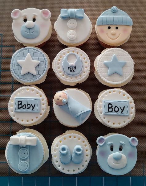 Cupcake Baby Shower Boy, Its A Boy Cupcakes, Amazing Baby Shower Cakes, Cupcakes With Fondant, Baby Shower Cupcakes For Boy, Baby Boy Cupcakes, Baby Cupcakes, Baby Shower Cake Designs, Baby Shower Sweets