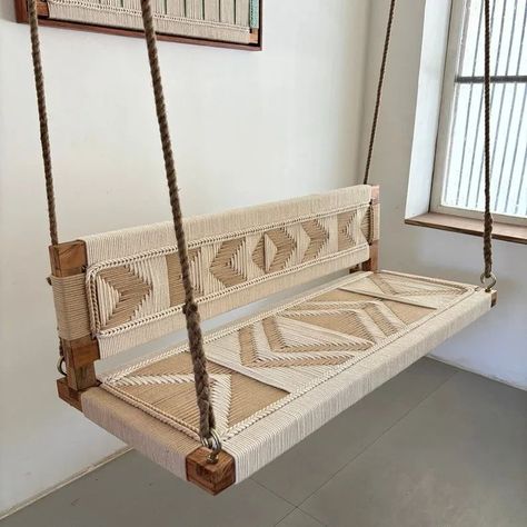 Hand Woven • Mid Century Woven • Modern Entryway Bench • Woven Swing • Wall Art • Room Swing, Porch Bench, Garden Hammock, Macrame Swing, Indoor Swing, Wooden Swing, Woodworking Inspiration, Tree Swing, Wooden Swings