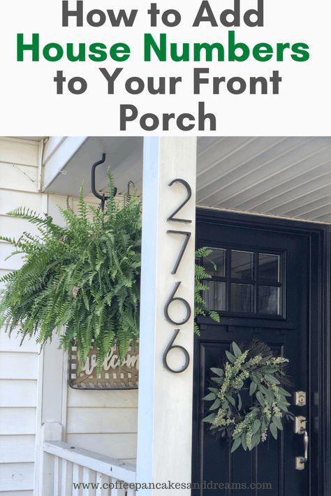 Add curb appeal to your home by installing metal house numbers. How to add address numbers to your house and how to choose the best house numbers. House Number On Column, Porch House Numbers, House Numbers On Porch Post, House Numbers On Post, House Numbers On Brick Home, Colonial House Number Ideas, Farmhouse Numbers On House, Ideas For House Numbers, Cute House Numbers