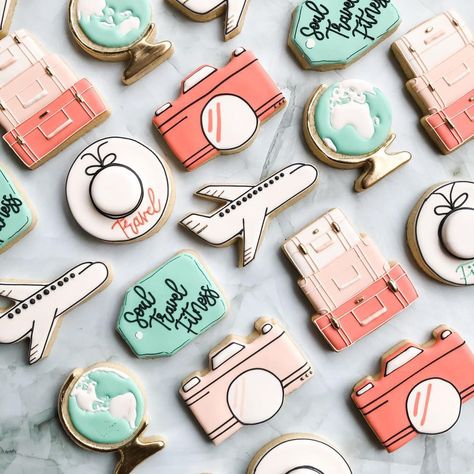 Emily on Instagram: “Travel themed cookies to celebrate being out of quarantine. These were such a fun cheery set to make! If you’re into beautiful photos (who…” Travel Cookies Ideas, Travel Themed Cupcakes, Travel Cookies Decorated, Travel Themed Cookies, Suitcase Cookies, Ocean Treats, Travel Cupcakes, Vacation Cookies, Travel Cookies