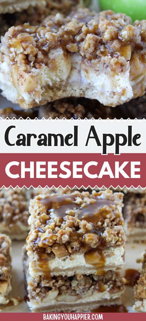 Caramel Apple Cheesecake Bars, the perfect thick and creamy cheesecake bar with a shortbread crust, streusel topping, and drizzle of caramel! Apple Crisp Cheesecake Bars, Carmel Apple Cheesecake Bars, Melted Caramel Sauce, Apple Crisp Cheesecake, Apple Cheesecake Bars, Cheesecake Bar, Caramel Apple Cheesecake Bars, Cinnamon Roll Bake, Caramel Apple Cheesecake