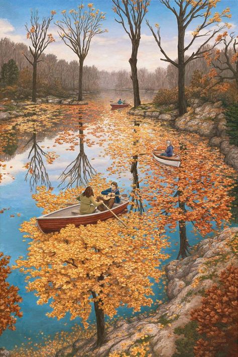 Canadian artist Robert Gonsalves explores childlike stories of wonder through his surrealist paintings, capturing peeks of one's internal daydreams through dual scene optical illusions. The works express both the real and the imaginative, painting a space where one can explore beyond physical limits Robert Gonsalves, Fall Float, Rob Gonsalves, Optical Illusion Paintings, Illusion Paintings, Canadian Painters, Art Optical, Colossal Art, Magic Realism