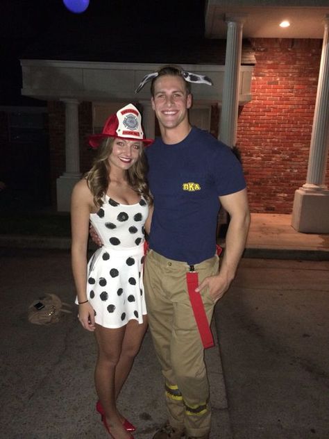 Dalmatian Fireman Couple Costume, Dalmation And Fire Fighter Costume, Cutest Couple Costumes, Fire Fighter And Dalmation Costume, Cute Diy Halloween Costumes, Diy Halloween Costumes For Couples, Dalmation Costume, Halloween Couple Costumes, Dalmatian Costume