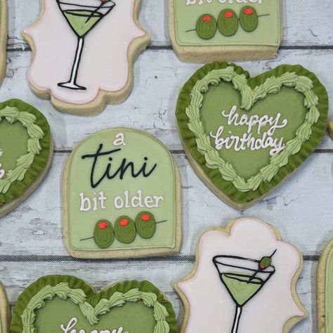 Hayleycakes And Cookies on Instagram: "Yaaaallllllll. This tini bit older cookie set is on our website now! We ship anywhere in the USA and have 2 day availability yall! So much fun! 💕💕  https://hayleycakesandcookies.com/product/tini-bit-older-birthday-cookie-set-of-12/  #bestcookiesever #yum #martini #tinibitolder #texasbakery" A Tiny Bit Older Cookies, Botox Cookies, Tinis Weenies, A Tiny Bit Older Cake, A Tiny Bit Older, 21 Birthday Cookies, Martini Bar Party Ideas, Tini Bit Older Bday Theme, A Tiny Bit Older Party