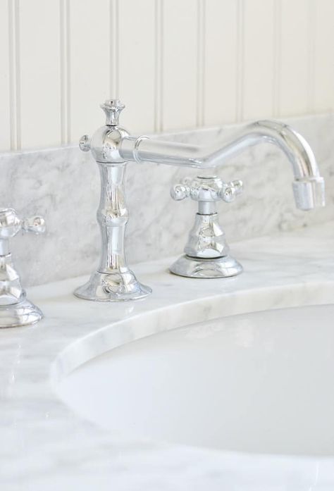 Every Bathroom Needs a Little Farmhouse - Thistlewood Farm Traditional Bathroom Fixtures, Farmhouse Bathroom Faucet Ideas, Polished Chrome Bathroom Fixtures, French Farmhouse Bathroom, Chrome Faucet Bathroom, Farmhouse House Plans, Chrome Bathroom Fixtures, Farmhouse Faucet, Bathroom Country