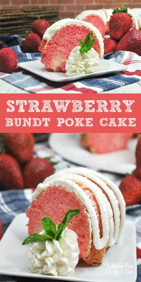 This Strawberry and Cream Bundt Poke Cake combines two of my favorite kinds of cake. It is so delicious and I think I'm going to make this for family birthdays! The secret ingredient in this moist cake is the pudding - it's like magic! Bundt Poke Cake, Poke Bundt Cake, Strawberry Baking, Savory Cakes, Strawberry And Cream, Recipe Cake, Poke Cake Recipes, Poke Cakes, Kitchen Fun