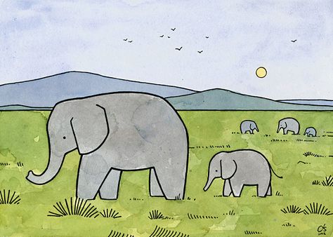 African animal series by Studio Tuesday Nature Drawing For Kids, African Plains, Elephant Illustration, Elephant Drawing, Easy Drawings For Kids, Basic Drawing, Animal Habitats, Nature Drawing, Elephant Art