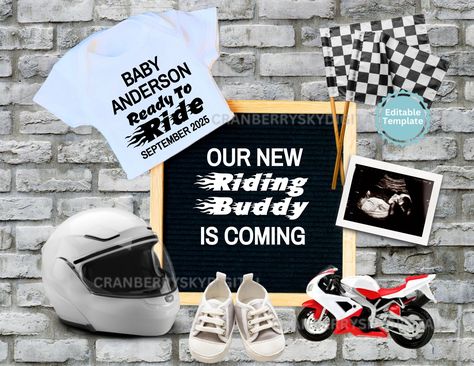 Motorcycle Baby Announcement Digital Biker Pregnancy Announcement Biker Baby Announcement Riding Buddy Baby Reveal Sports Baby Announcement Biker Baby Shower Ideas, Baby Announcement Digital, Racing Baby, Motorcycle Baby, Biker Baby, Announcement Design, Baby Announcement Photoshoot, Baby Ultrasound, Baby Announcement Pictures