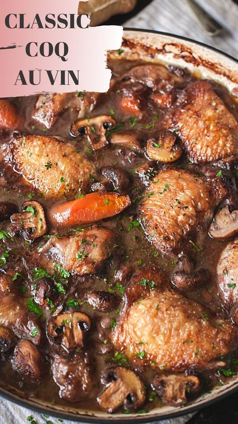 Chicken braised in red wine sauce. French Country Cooking, Dutch Oven Recipes, One Pot Dinner, Country Cooking, French Cooking, Idee Pasto Sano, Oven Recipes, Pinterest Pin, Poultry Recipes