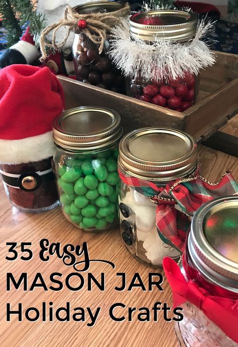 Looking for Christmas craft ideas?  Here are 35 easy mason jar holiday gifts that turn empty mason jars into gifts, table centerpieces and even household decor.  The good thing is that some of these ideas are so super simple that anyone can do them! Mason Jar Christmas Crafts, Holiday Mason Jar, Christmas Mason Jars Diy, Simple Holiday Gifts, Mason Jar Christmas Gifts, Simple Decorations, Gifts Table, Hobby Ideas, Christmas Decorations For Kids