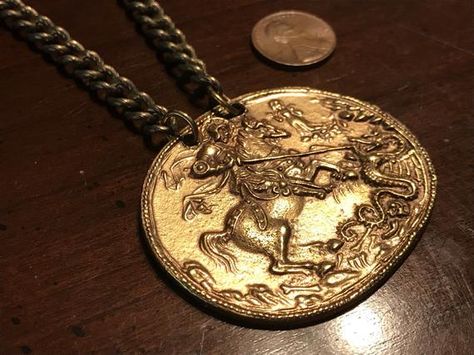 St George Slaying the Dragon Gold Medallion Pendant Necklace - Alva Museum Replicas - Patron Saint o Watch Locket, Saint George And The Dragon, Vintage Dragon, Skeleton Watches, Gold Medallion, Dragon Necklace, Dragon Jewelry, Ancient Jewelry, Saint George