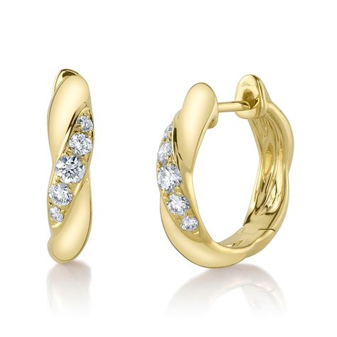 From Shy Creation, these beautiful huggie hoop earrings will add a dazzling measure of glamour to any ensemble, sure to become a cherished staple accessory of your jewelry collection. Comprised of gleaming 14k yellow gold, these lovely earrings exhibit 10 twinkling round diamonds set in twists along the hoops. The diamonds total 1/4ctw and are H in color and SI in clarity. Each earring measures 0.15 inch in width and 0.6 inch in height. The metal weight is 3.9 grams. Wedding Day Jewelry, Round Diamond Setting, Studded Necklace, Deco Jewelry, Diamond Hoop Earrings, Huggie Hoop Earrings, Lovely Earrings, Gold Jewelry Fashion, Round Cut Diamond