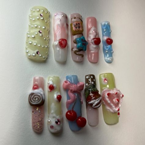 cake nails 🍰 • • • • • #nailsnailsnails #nailart #nails #naildesign #nailinspiration #nailinspo #gelx #gelxnails #gelnails #gelxtension #pressons #pressonnails #pressonnailsforsale #pressonnailset #pressonnailslovers #pressonnailbusiness #cake #cakenails #custom #customset Polymer Clay Nail Charms, Birthday Cake Nails, Cake Nail Art, Cake Nails, Birthday Nails, Nail Charms, Nail Extensions, Nails Inspiration, Nail Ideas