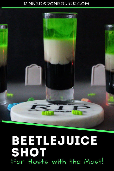 Summon the spooky spirit of Halloween with this Beetlejuice Shot! Layered with creepy colors and eerie vibes, this shot is perfect for your next Halloween bash or themed party. It’s a fun and visually striking drink that’s sure to impress your guests and add a touch of the macabre to your celebrations. Easy to make and even easier to enjoy—just don’t say its name three times! #HalloweenShots #SpookyDrinks #BeetlejuiceShot #HalloweenDrinks Halloween Tube Shots, Beetlejuice Themed Cocktail, Fun Halloween Shots, Beetlejuice Margarita, Chocolate Shot, Horror Themed Alcoholic Drinks, Beetlejuice Themed Drinks, Green Halloween Shots, Halloween Tequila Shots