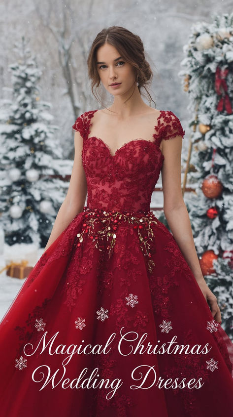 Magical Christmas Wedding Dresses 2025 Red Christmas Wedding Dress, Christmas Wedding Dresses Bride, Simple Winter Wedding Dress, Red Christmas Wedding, Christmas Wedding Dress, Wedding Magical, Christmas Gown, Christmas Wedding Dresses, Ombre Wedding Dress