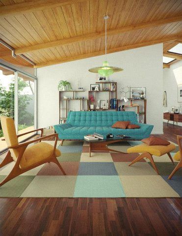 Wonderful Mid Century Modern living room. Love that turquoise sofa and those yellow chairs. Furnitur Ruang Keluarga, Mid Century Modern Interior Design, Interior Design Minimalist, Mid Century Living, Mid Century Living Room, Mid Century Modern Living, Mid Century Modern Living Room, Mid Century Modern Interiors, Interior Modern