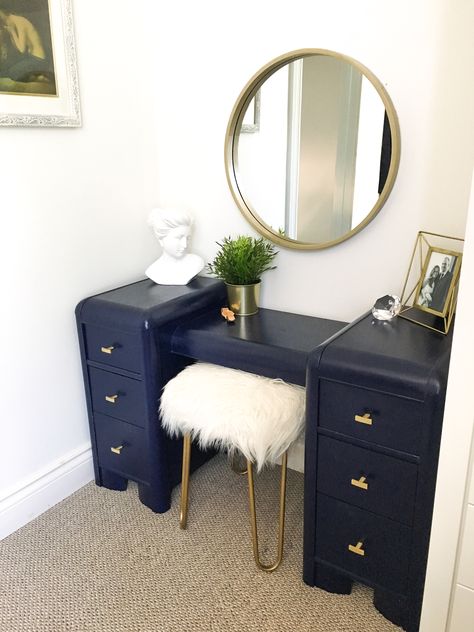 Benjamin Moore ‘Old Navy’ painted make-up vanity Diy Vanity Refurbish, Dresser Turned Into Makeup Vanity, Desk To Vanity Makeover, Painted Vanity Makeup, Benjamin Moore Old Navy, Vanity Upcycle, Vanity Restoration, Colored Vanity, Refinished Vanity