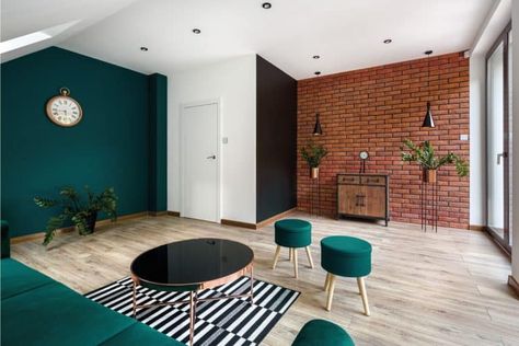 23 Eye-Catching Green Living Room Ideas - Home Decor Bliss Red Brick Interior, Brick Wall Living Room, Pintu Interior, Brick Living Room, Light Green Walls, Brick Interior Wall, Stone Wall Design, Accent Wall Colors, Brick Interior