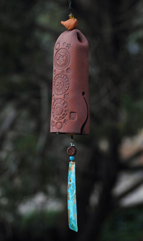 Pottery Bells, Spring Pottery, Rustic Wind Chimes, Garden Bells, Ceramic Birds Sculpture, Dragonfly Wind Chime, Clay Garden, Ceramic Bells, Unique Wind Chime