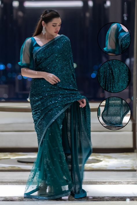 Tea Green Sequins Saree & Blouse Piece Teal Saree Look, Blouse Design For Sequence Saree, Sequence Saree Blouse Designs, Teal Colour Saree, Blouse Models For Fancy Sarees, Sequence Blouse Design, Farewell Aesthetic, Sequence Saree Blouse, Sequined Saree