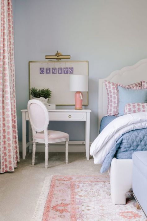 House Beautiful Feature: Middleton, Wisconsin Project Pt. 2 | Bria Hammel Interiors Blue Girls Rooms, Castle Homes, Girls Blue Bedroom, Bria Hammel Interiors, Bria Hammel, Light Blue Walls, Girls Rooms, Girl’s Room, White Desks