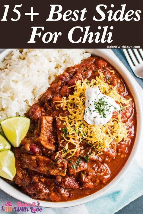 My suggestions for what to serve with chili at family get-togethers, pot lucks, cookouts, or any occasion! Whether you cook it with beans or no beans, there are a variety of options that will compliment your favorite chili recipe perfectly! BakeItWithLove.com #bakeitwithlove #whattoservewith #chili #dinner #sidedishes #menu Serving Chili At A Party, Chili Menu Ideas Parties, Side Dishes With Chili Dinners, Best Sides With Chili, What Goes With Chilli As A Side, What Goes Well With Chili, Chilli Dinner Ideas, What To Eat With Chili Ideas, Foods That Go With Chili